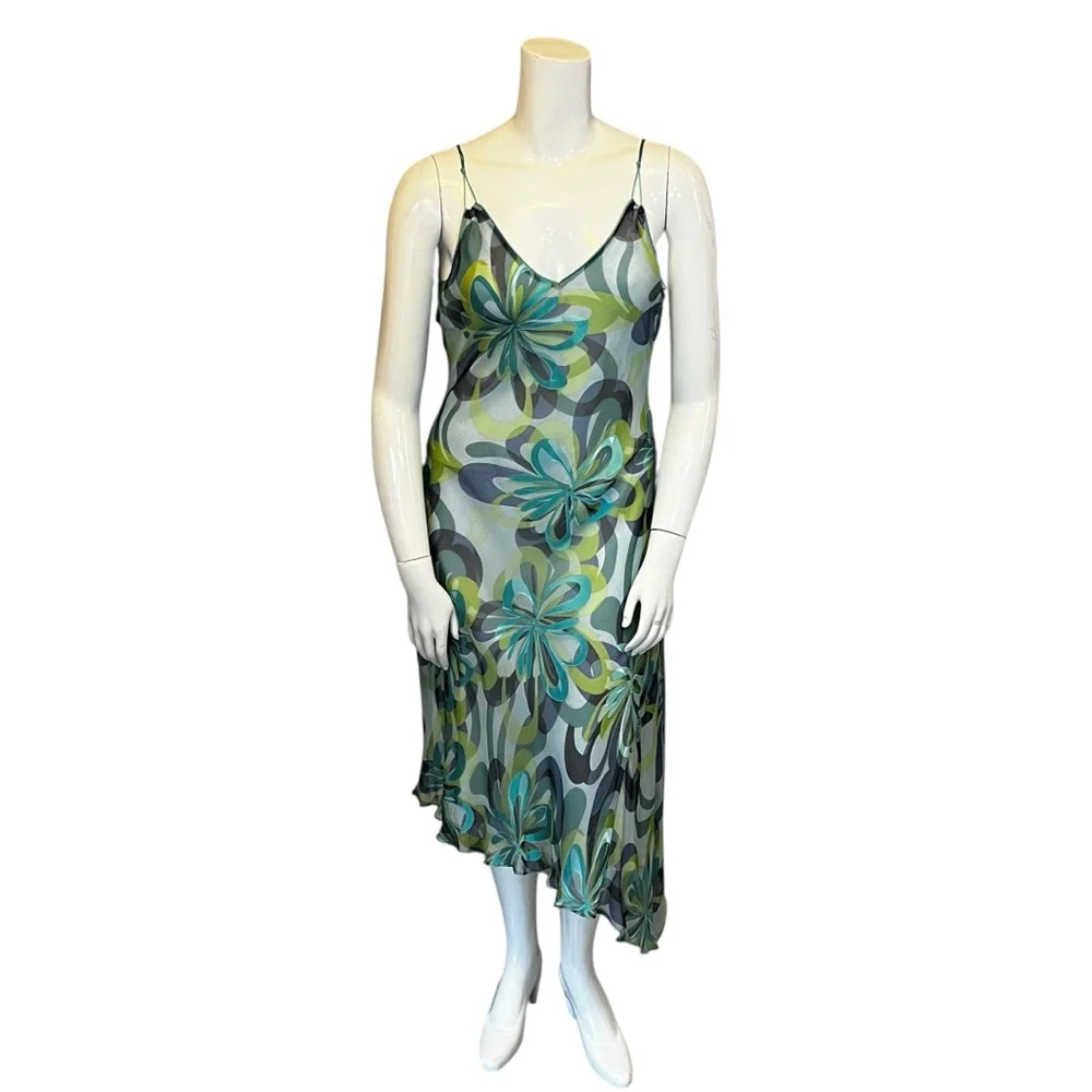 Planet UK Silk Slip Dress Green/Blue Mermaid Floral Size 14 - Picture 3 of 16